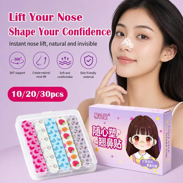 A woman applies invisible nose lifting patches to her face, with a box of 30 patches visible.