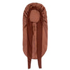 A brown satin silk hair bonnet cap displayed vertically.