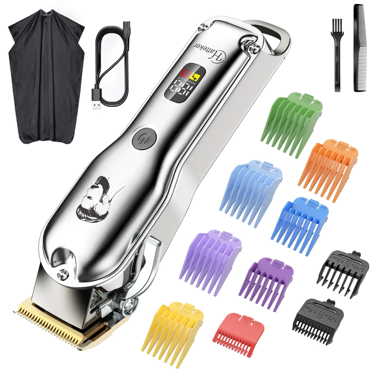 Eine Sammlung professioneller kabelloser Haartrimmer und -kämme in verschiedenen Farben und Größen.