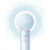 A white professional high-speed hair dryer with a circular nozzle and control buttons, surrounded by radiating blue lines.