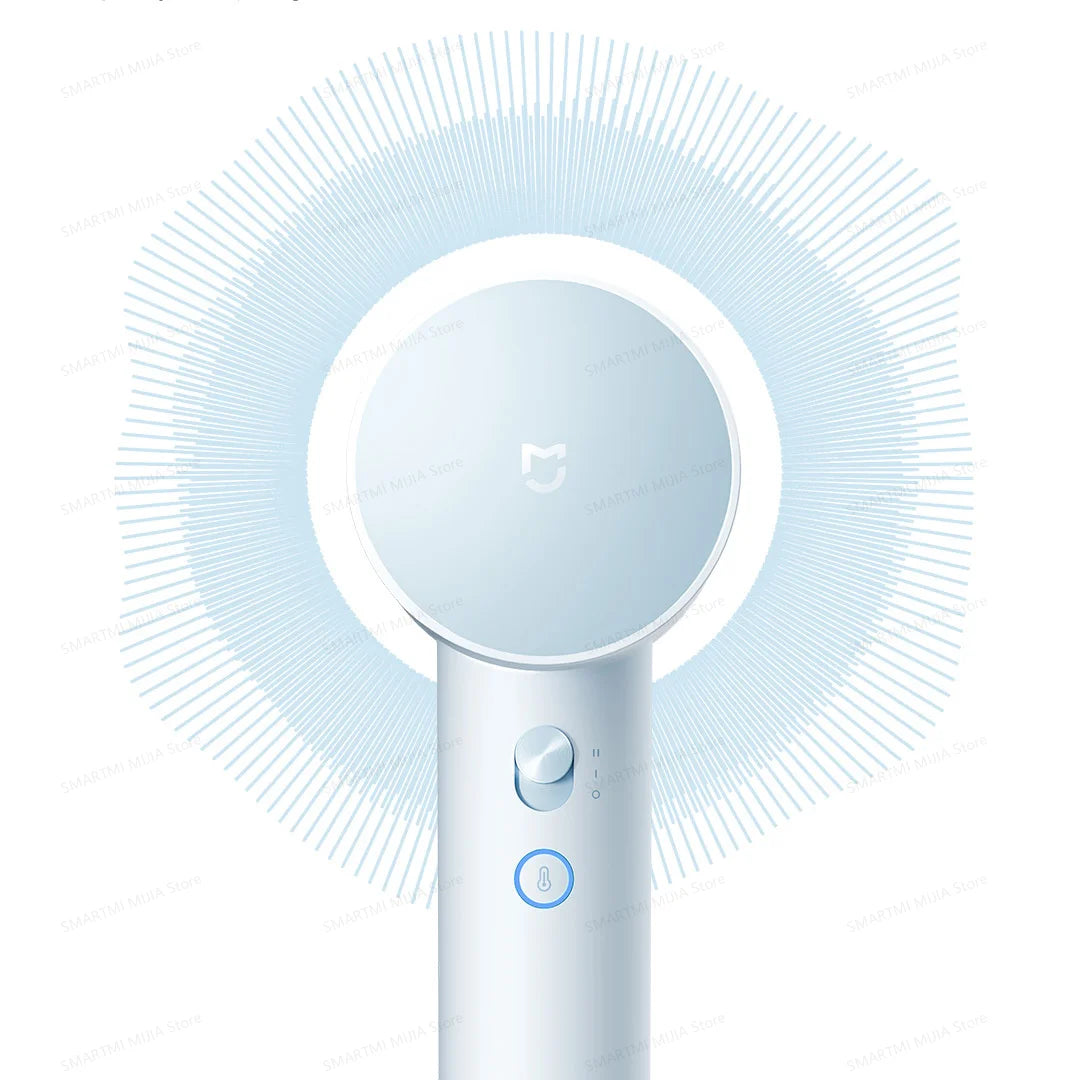 A white professional high-speed hair dryer with a circular nozzle and control buttons, surrounded by radiating blue lines.