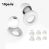 Ten pairs of white silicone earplugs shown in various stages of presentation.