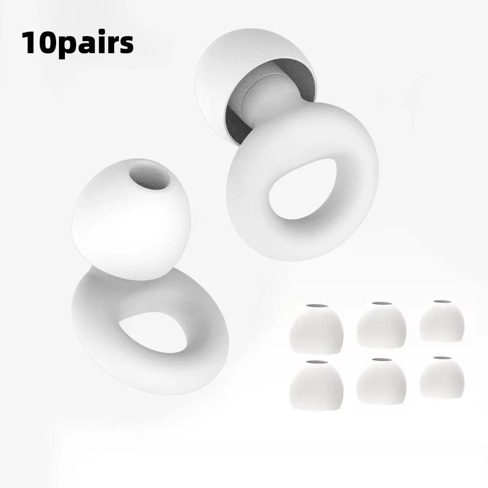 Ten pairs of white silicone earplugs shown in various stages of presentation.