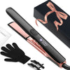 A professional ceramic hair straightening iron in black and rose gold, shown with accessories.