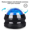 A black massage ball with a glowing blue top, shown rotating in 360 degrees.