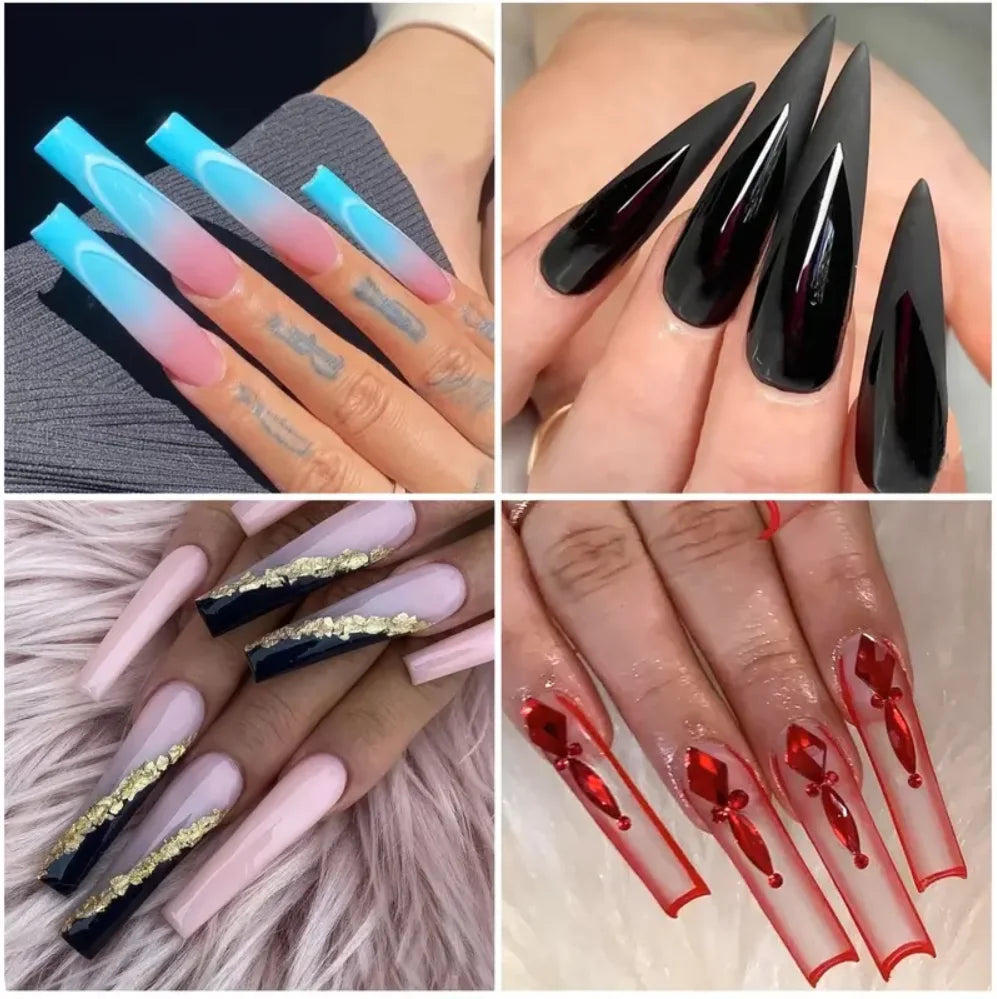 Collection de faux ongles C incurvés longs et clairs, variés en teintes et designs pour manucures DIY.