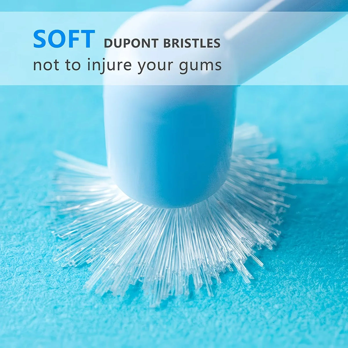 A close-up view of a white interdental brush with soft bristles on a blue background.