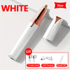 A white precision electric eyebrow trimmer with a separate brush and USB charging cable shown on a white background.