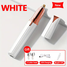 Tondeuse électrique pour sourcils blanche avec brosse séparée et câble de charge USB sur fond blanc.