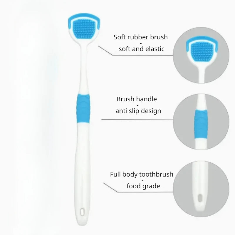 A white and blue reusable stainless steel tongue scraper with a soft rubber brush head and an anti-slip handle.