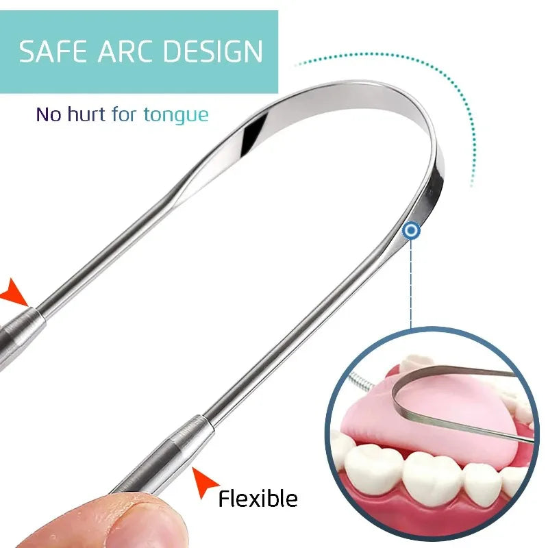 Stainless steel tongue scraper shown with a flexible design for oral hygiene