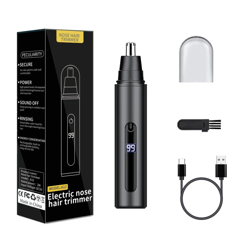 A black electric nose hair trimmer with a detachable head and charging cable is shown on a box.