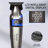 A cordless hair trimmer with an LCD digital display and two-gear adjustment is shown.
