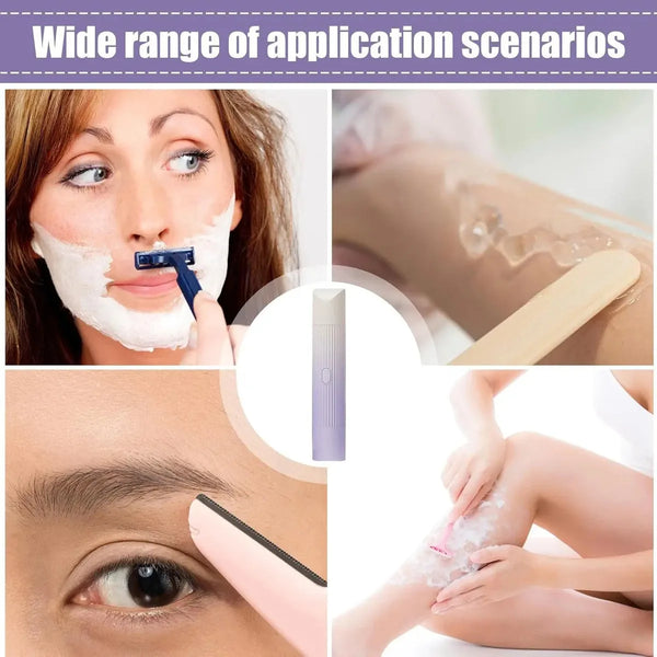 Colección de imágenes mostrando un afeitador eléctrico 2 en 1 para quitar vello facial y corporal.