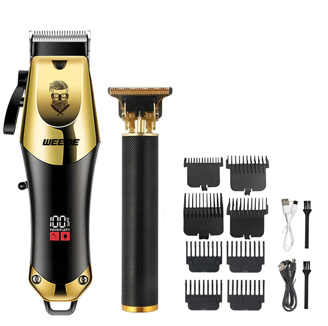 A vintage cordless hair cutting machine in black and gold with various attachments shown.