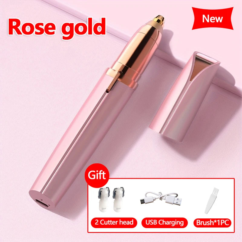 A new rose gold precision electric eyebrow trimmer with two cutter heads, USB charging cable, and a brush included.