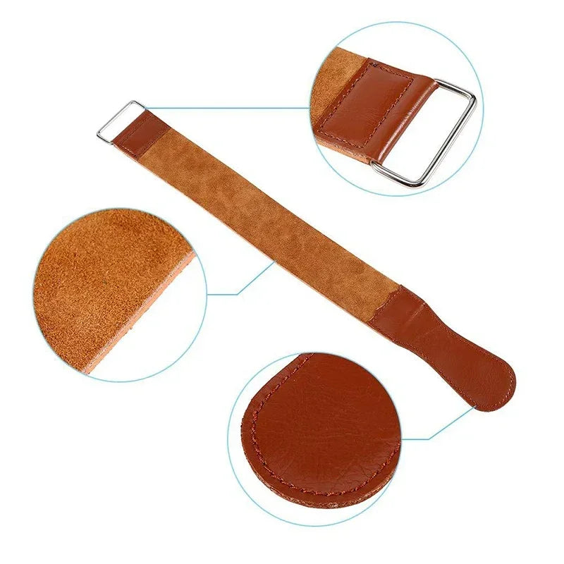A brown leather sharpening strop with a metal handle and a round leather pad for straight razors.