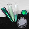 Holographic chrome nail glitter powder set featuring black and clear bases with mixing gel
