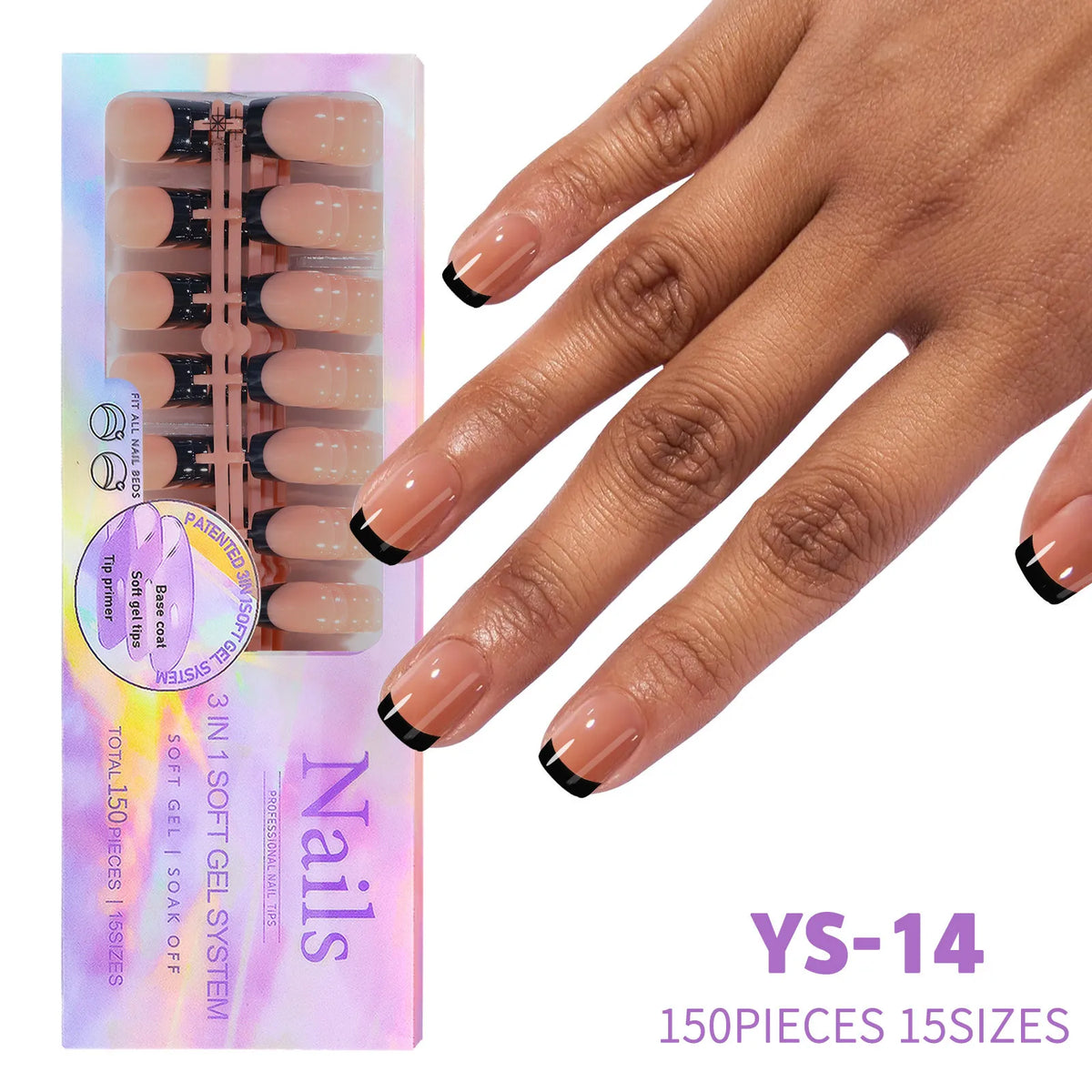 A hand displays a set of almond press-on nails in rich coffee black, packaged for sale.