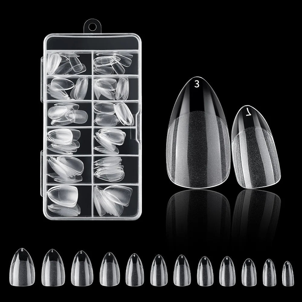 A display of frosted French false nails with a natural finish, showing various nail shapes and designs.