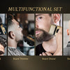 A set of multifunctional grooming tools including hair clippers, beard trimmers, beard shavers, and a bald head shaver.