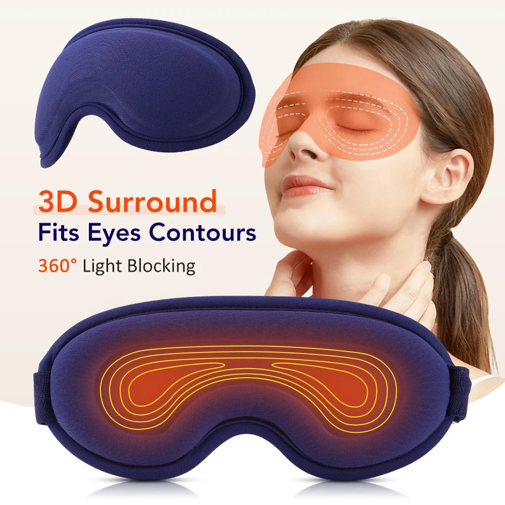 A purple electric heated eye mask is shown alongside a woman using it for light blocking and contours.