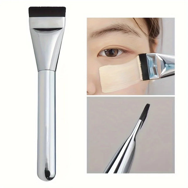 A silver oval foundation brush shown in various angles, including a close-up of the brush and its application on skin.