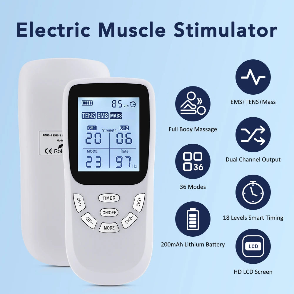 A white electric muscle stimulator device with an HD LCD screen and battery is shown.