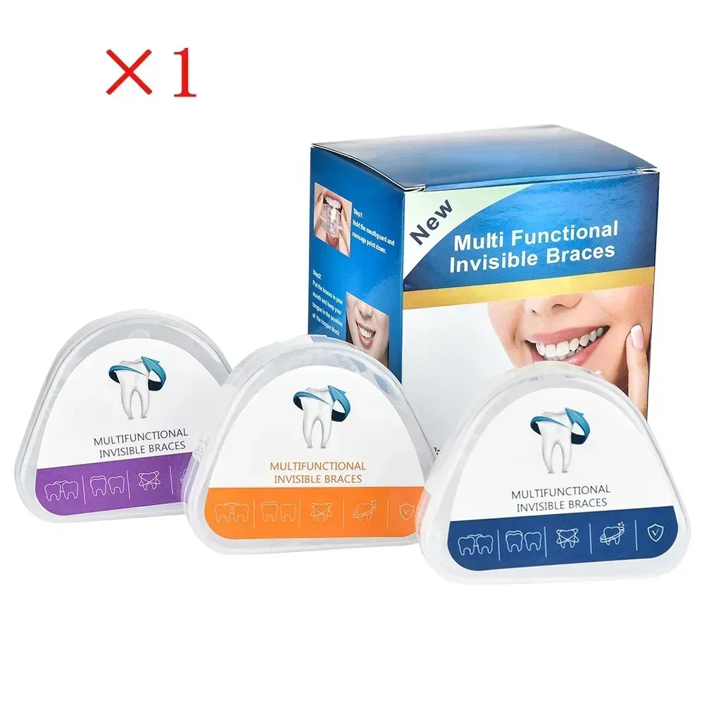 A box and several silicone invisible braces for dental alignment training.