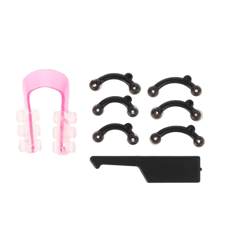 A set of pink and black ergonomic clips used for nose lifting and shaping.