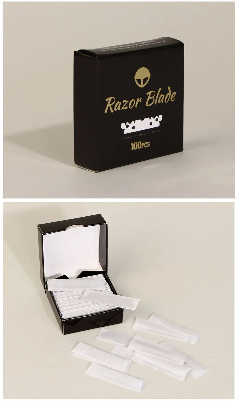 A black box containing 100 pieces of razor blades is shown next to loose white razor blades.