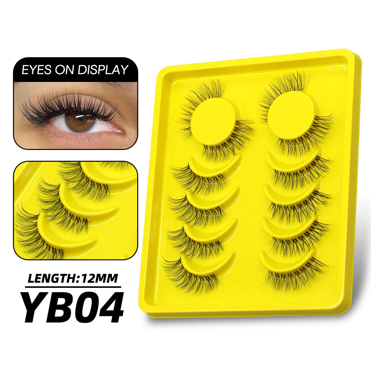 Yellow false eyelashes in a tray with an eye display showing the lash length.