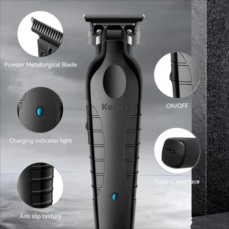 A black electric hair clipper grooming kit with various components shown, including the blade, charging indicator light, and 