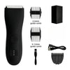 A black professional body and personal hair trimmer with various guide combs and attachments.