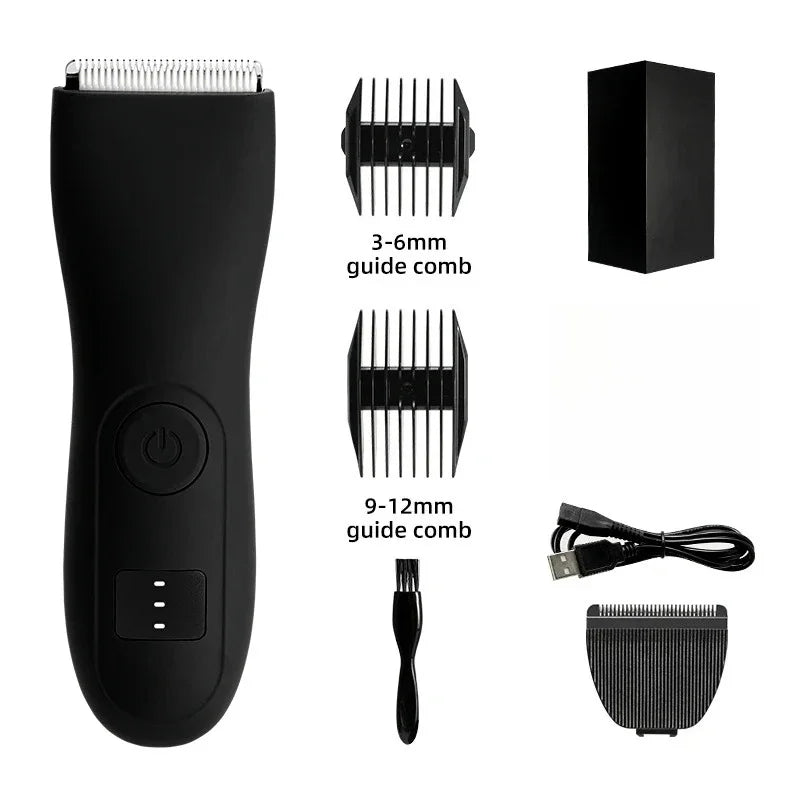 A black professional body and personal hair trimmer with various guide combs and attachments.