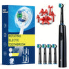 A box and several rotating electric toothbrushes are shown, including a charging base and multiple brush heads.