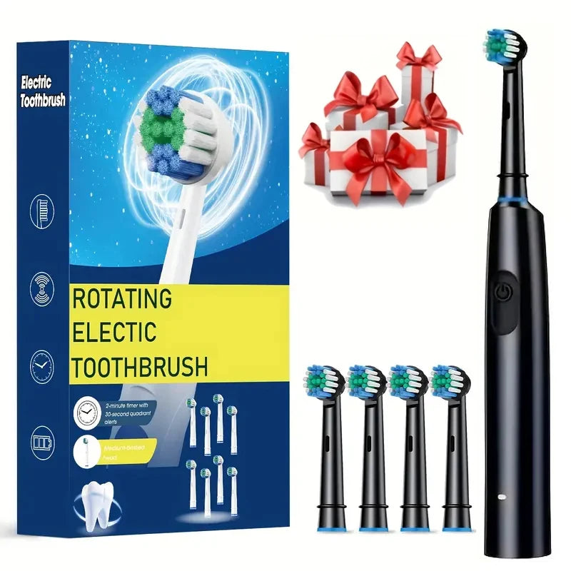 A box and several rotating electric toothbrushes are shown, including a charging base and multiple brush heads.