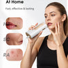 A woman is using a white IPL pulsed light hair removal device on her face.