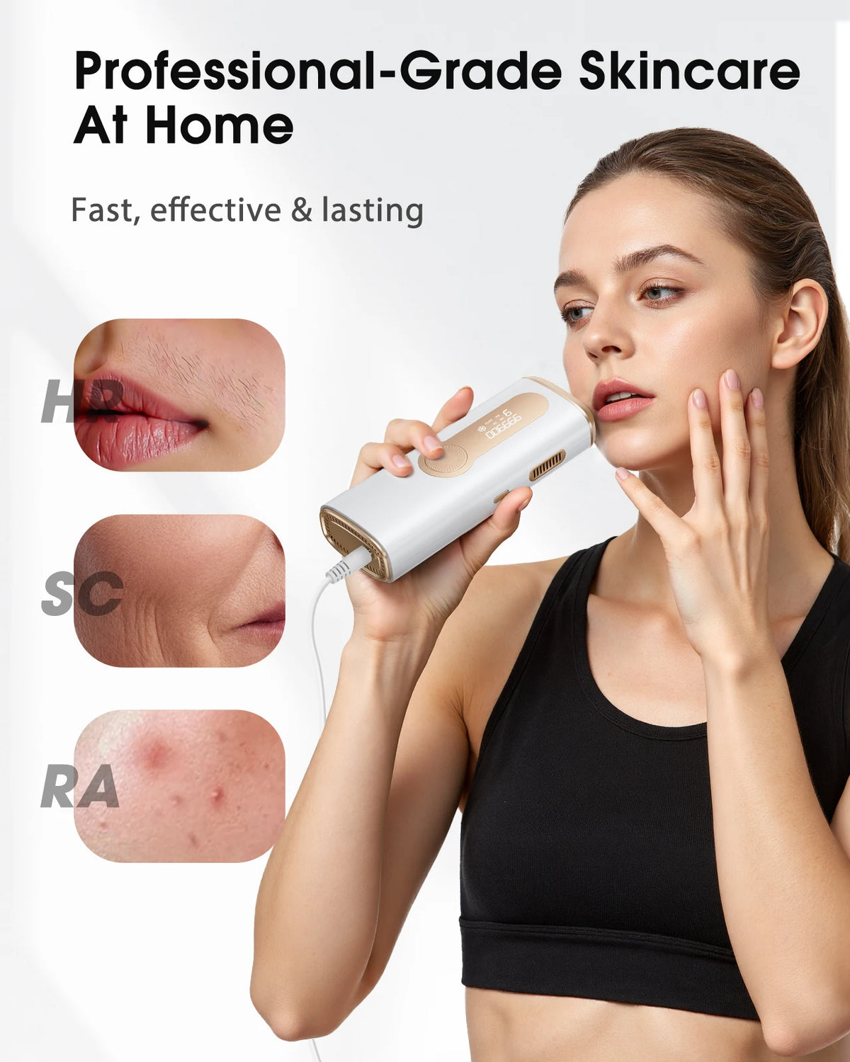A woman is using a white IPL pulsed light hair removal device on her face.