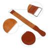 A brown leather sharpening strop with a metal handle and a round leather pad for straight razors.