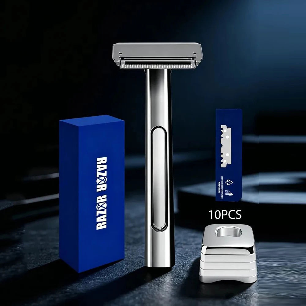 A silver double-edge safety razor and replacement blades are displayed on a dark surface.