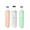 Three versions of an ultrasonic facial scrubber and ion cleaning device in pink, white, and light green.