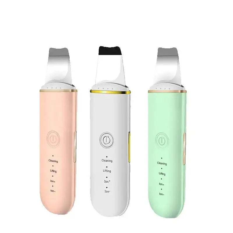 Three versions of an ultrasonic facial scrubber and ion cleaning device in pink, white, and light green.