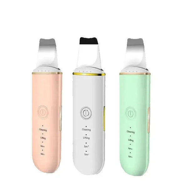 Trois versions d'un appareil à nettoyer le visage à ultrasons et ionique, en rose, blanc et vert clair.