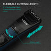 A black electric trimmer with a flexible cutting length guide showing 0.5mm precision cutting.