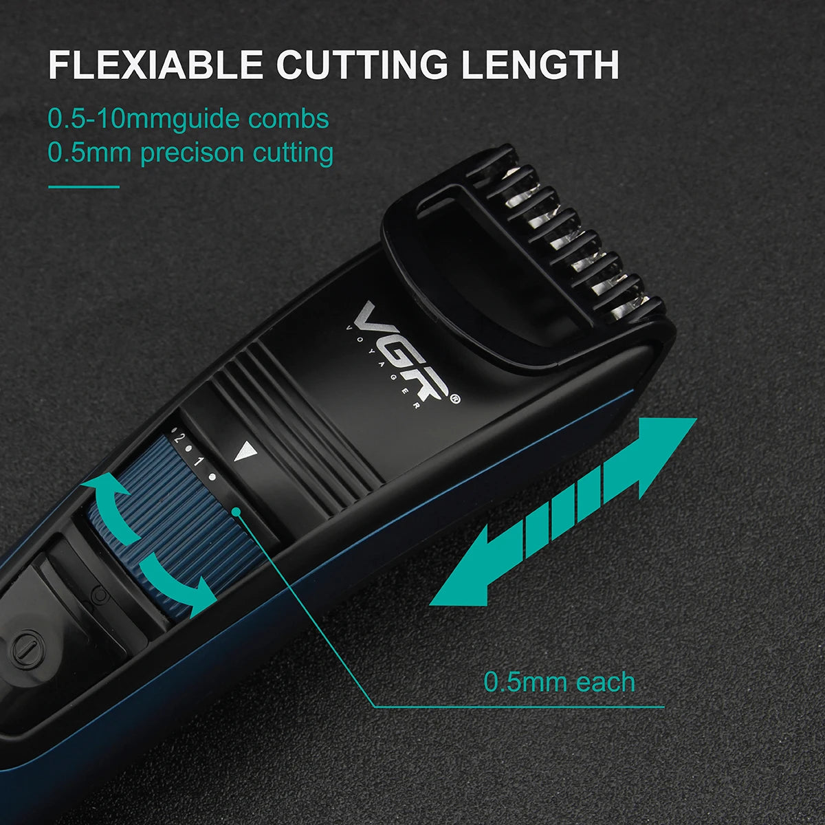 A black electric trimmer with a flexible cutting length guide showing 0.5mm precision cutting.