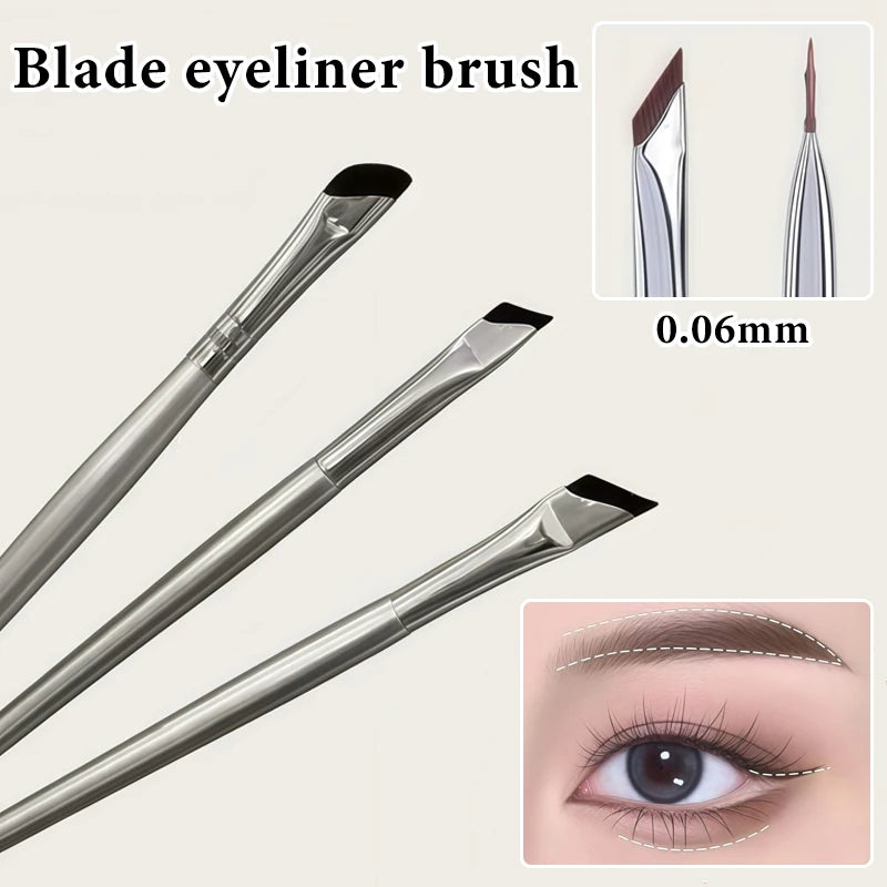 A set of ultra-thin angled eyeliner brushes shown with a close-up of the brush tip and application on an eye.