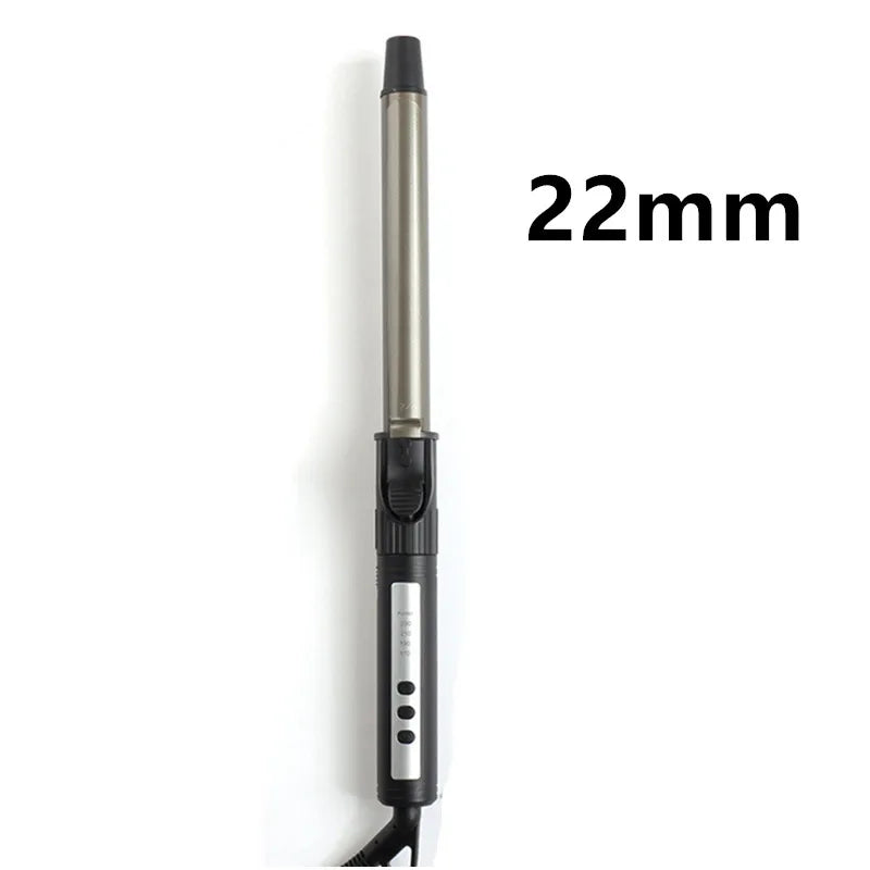 A close-up view of a professional ceramic hair curling iron with a 22mm barrel.