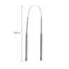 A reusable stainless steel tongue scraper with a long handle for oral hygiene.