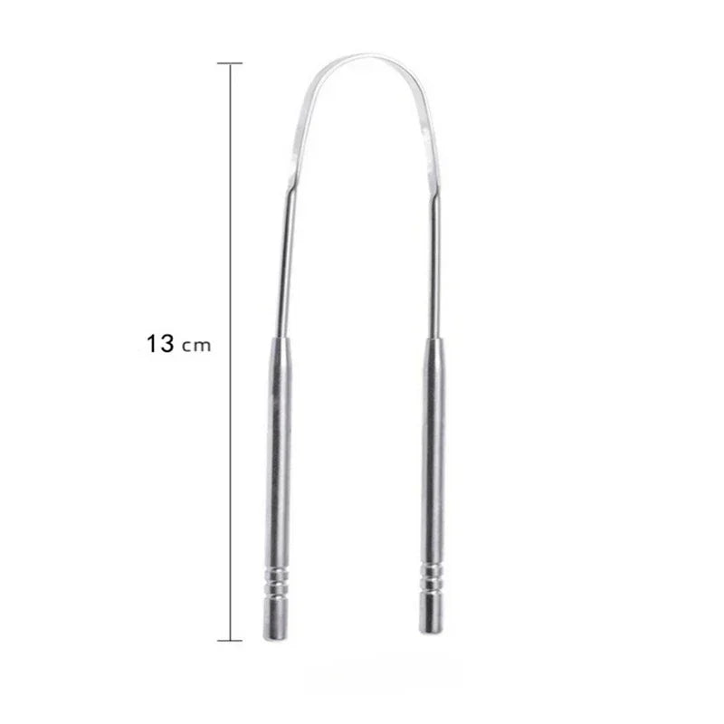 A reusable stainless steel tongue scraper with a long handle for oral hygiene.